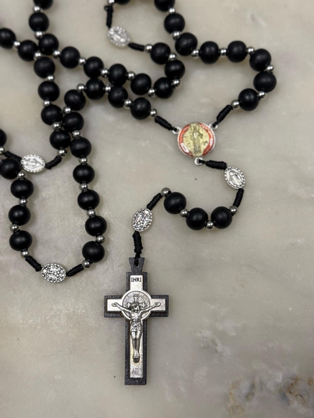 Black Wood Rosary Necklace with Silver Crucifix